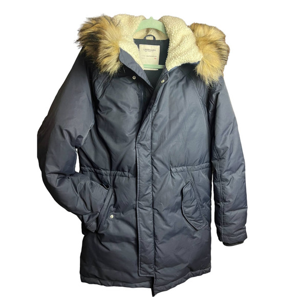Crewcuts Boys 16 FISHTAIL PARKA Down Filled Jacket Sherpa Hood | Navy Blue F4506 - Picture 4 of 15